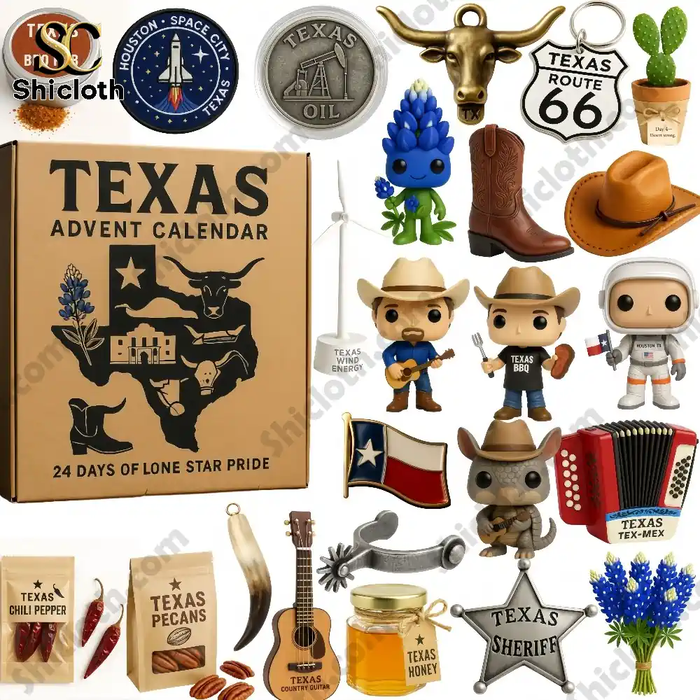 Texas Advent Calendar 2025 with miniature Texas themed items and characters displayed around the box!