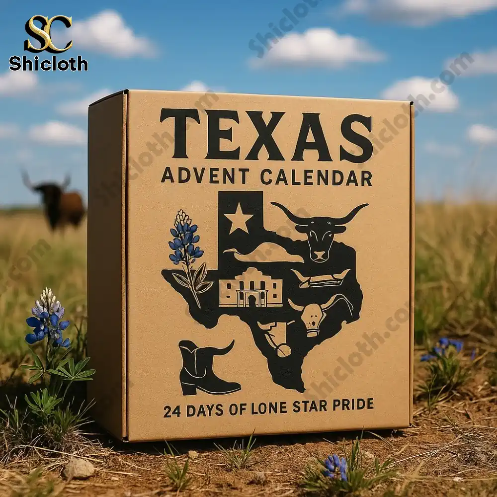 Texas Pride Advent Calendar 2025 3 Texas Advent Calendar 2025 box displayed outdoors in a Texas field with bluebonnet flowers!