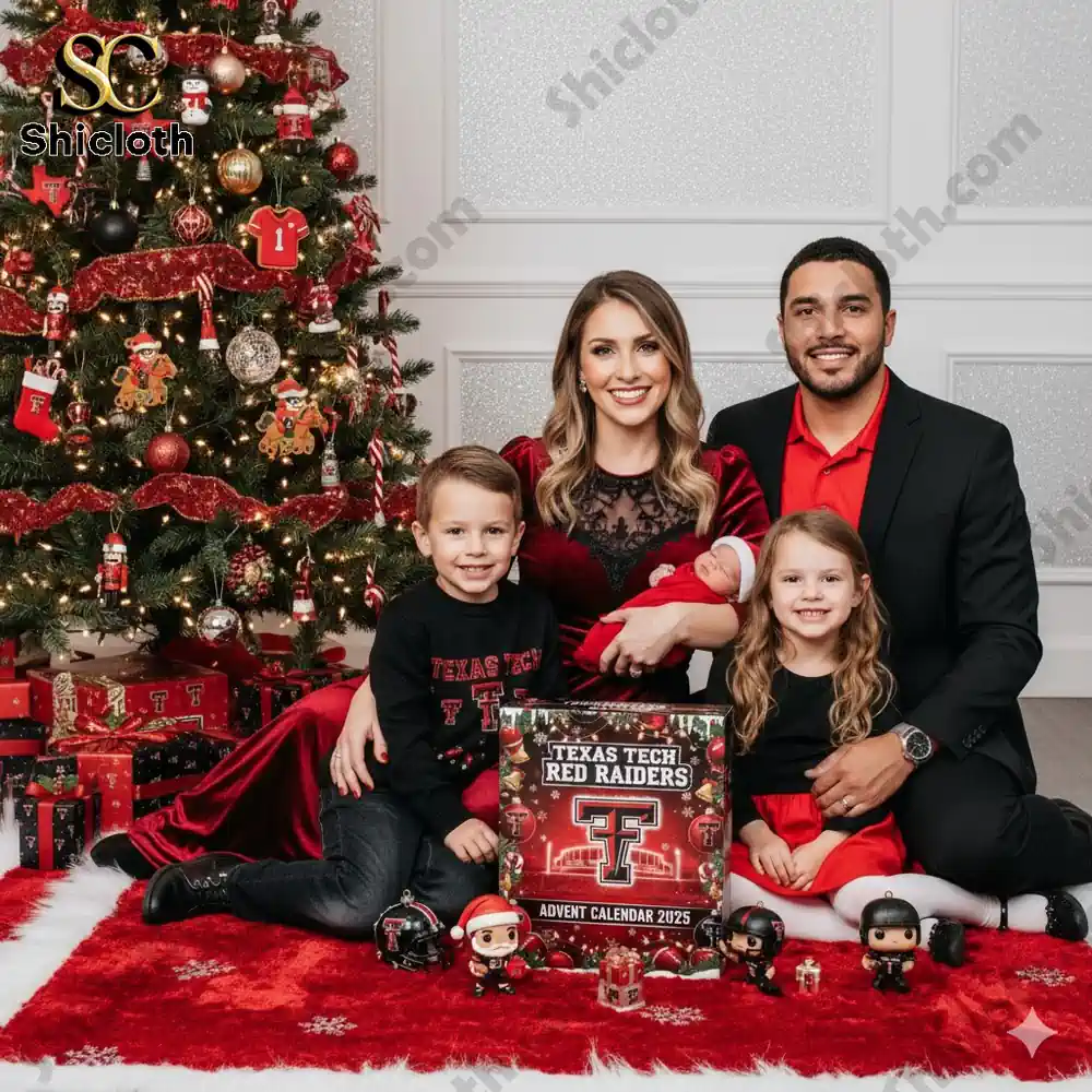 Family posing with Texas Tech Red Raiders Advent Calendar 2025 in a Christmas setting!