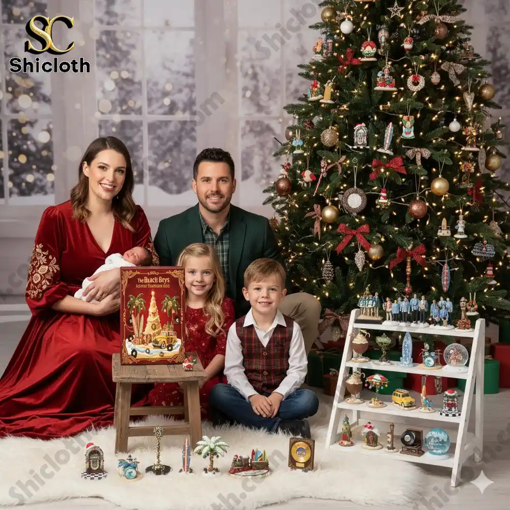 A family poses beside a Christmas tree with The Beach Boys Advent Calendar 2025 displayed in front of them!
