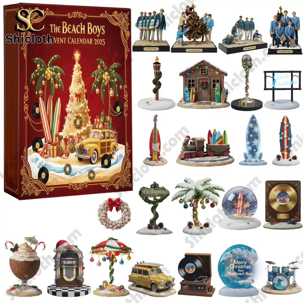 The Beach Boys Advent Calendar 2025 box with miniature decorations and holiday collectibles displayed around it!