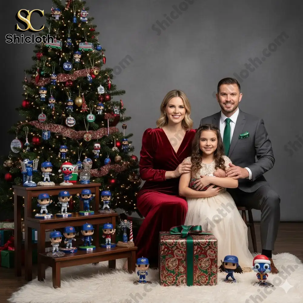 A family poses for a Christmas portrait beside a decorated tree and The Blue Jays 2025 Al East Champions Advent Calendar figures!