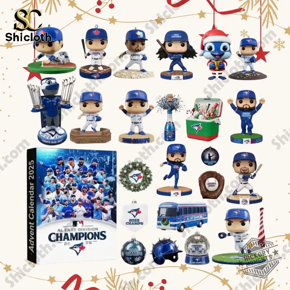A collection of The Blue Jays 2025 Al East Champions Advent Calendar figures and themed holiday items!