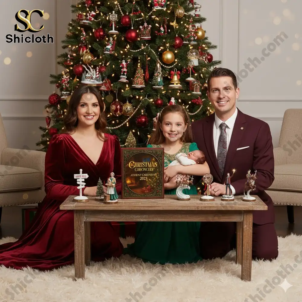 A smiling family in festive clothing poses in front of a decorated Christmas tree with The Christmas Chronicles Advent Calendar 2025 box on the table!