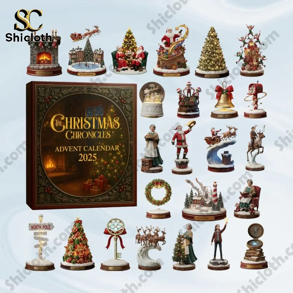 A full collection of Christmas-themed figurines displayed beside The Christmas Chronicles Advent Calendar 2025 box!