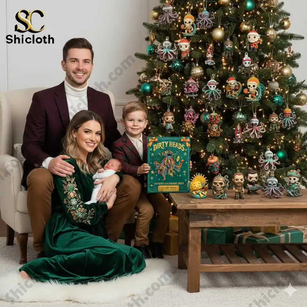 Family posing with Dirty Heads Advent Calendar 2025 by Christmas tree.