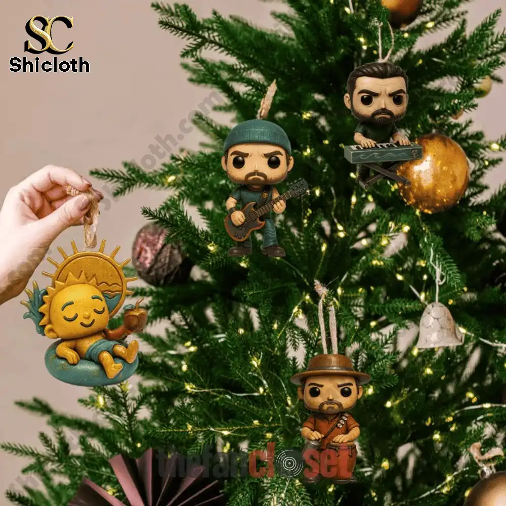 The Dirty Heads Island Snow Advent Calendar 2025 5 Dirty Heads ornament figures and sun decoration on Christmas tree.