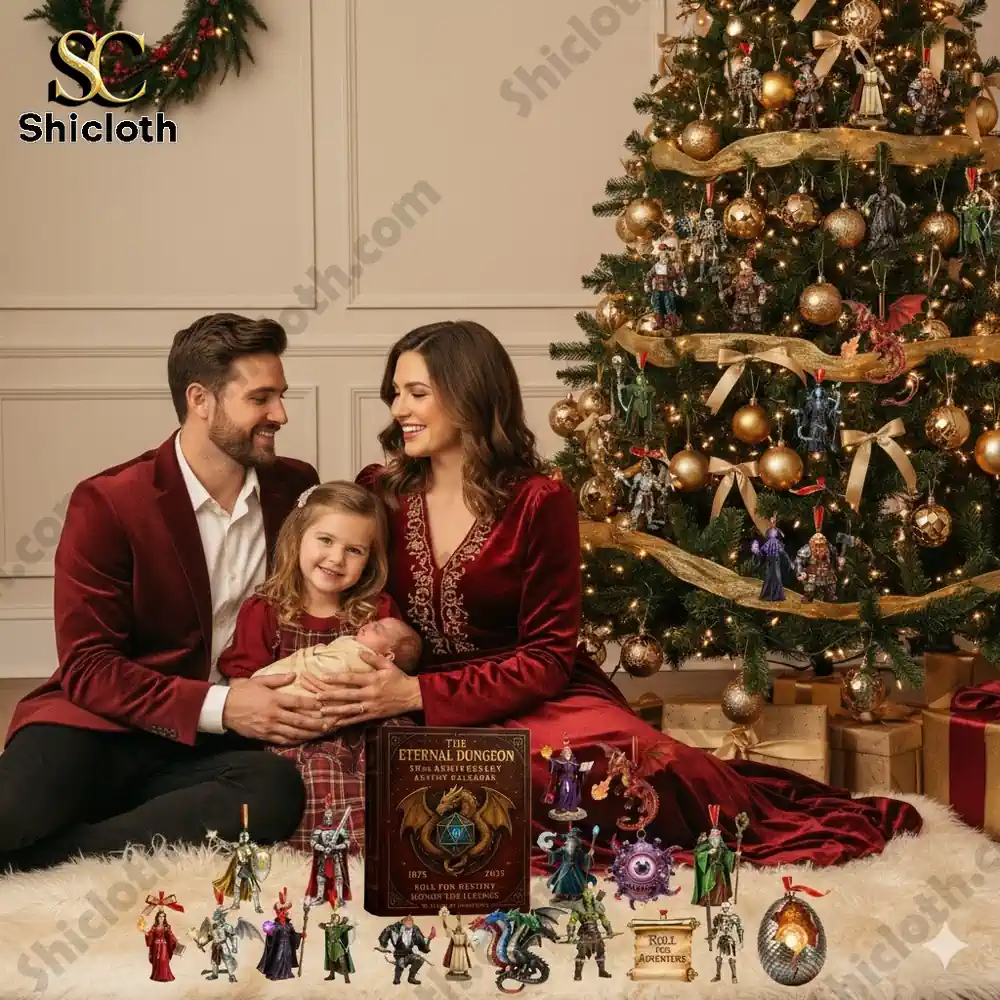 A happy family sits by a Christmas tree decorated with fantasy ornaments from The Eternal Dungeon Advent Calendar.