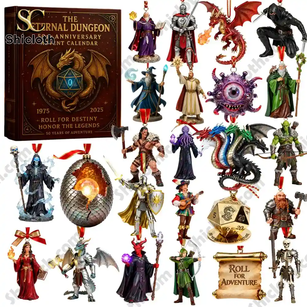 A collection of fantasy miniatures and ornaments from The Eternal Dungeon 50th Anniversary Advent Calendar.