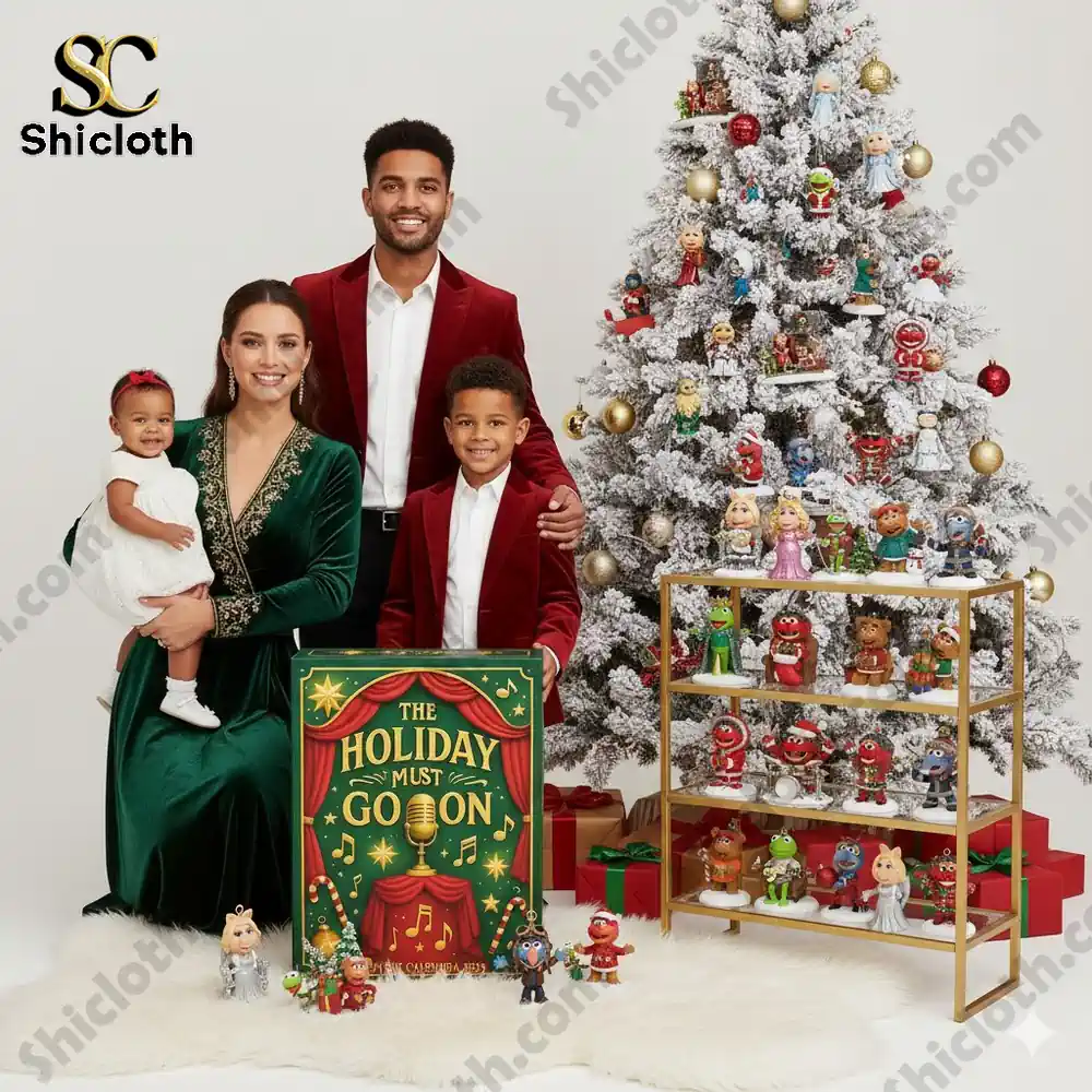 A smiling family poses beside a Christmas tree with The Holiday Must Go On Advent Calendar 2025 from Shicloth!