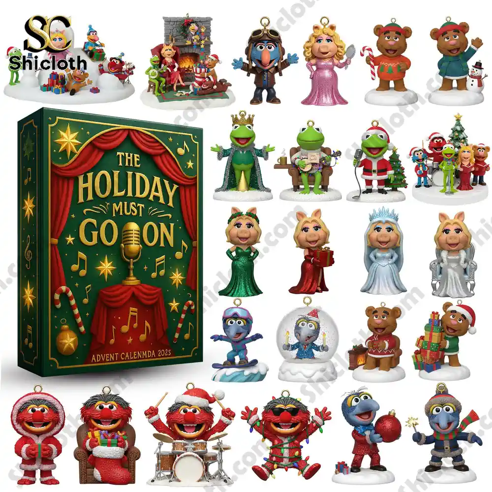 The Holiday Must Go On Advent Calendar 2025 box surrounded by detailed Muppets-themed mini figures!