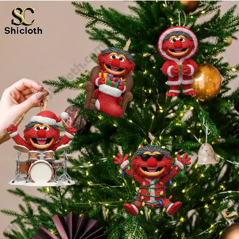 The Holiday Must Go On Muppets Advent Calendar 2025 5 Colorful Muppets ornaments from The Holiday Must Go On Advent Calendar 2025 hanging on a Christmas tree by Shicloth!