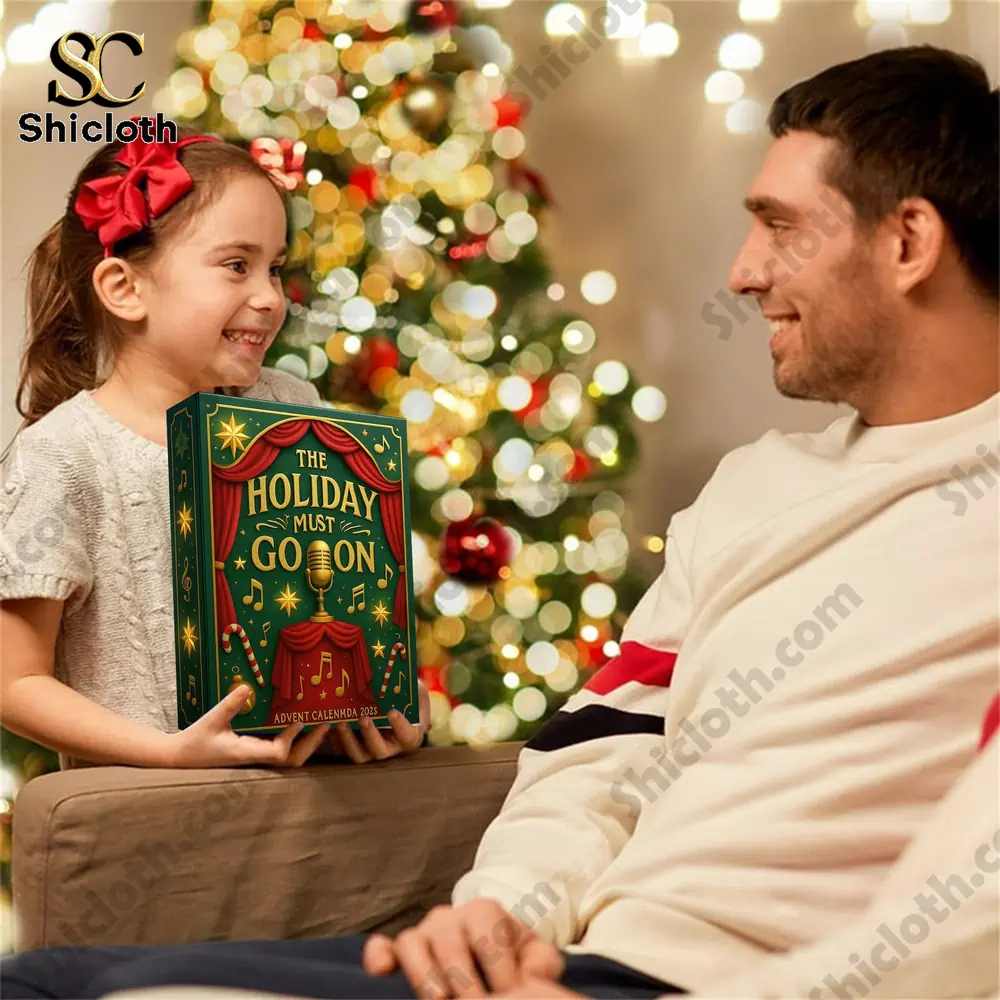 The Holiday Must Go On Muppets Advent Calendar 2025 6 A young girl happily gives The Holiday Must Go On Advent Calendar 2025 box to her father beside a Christmas tree!