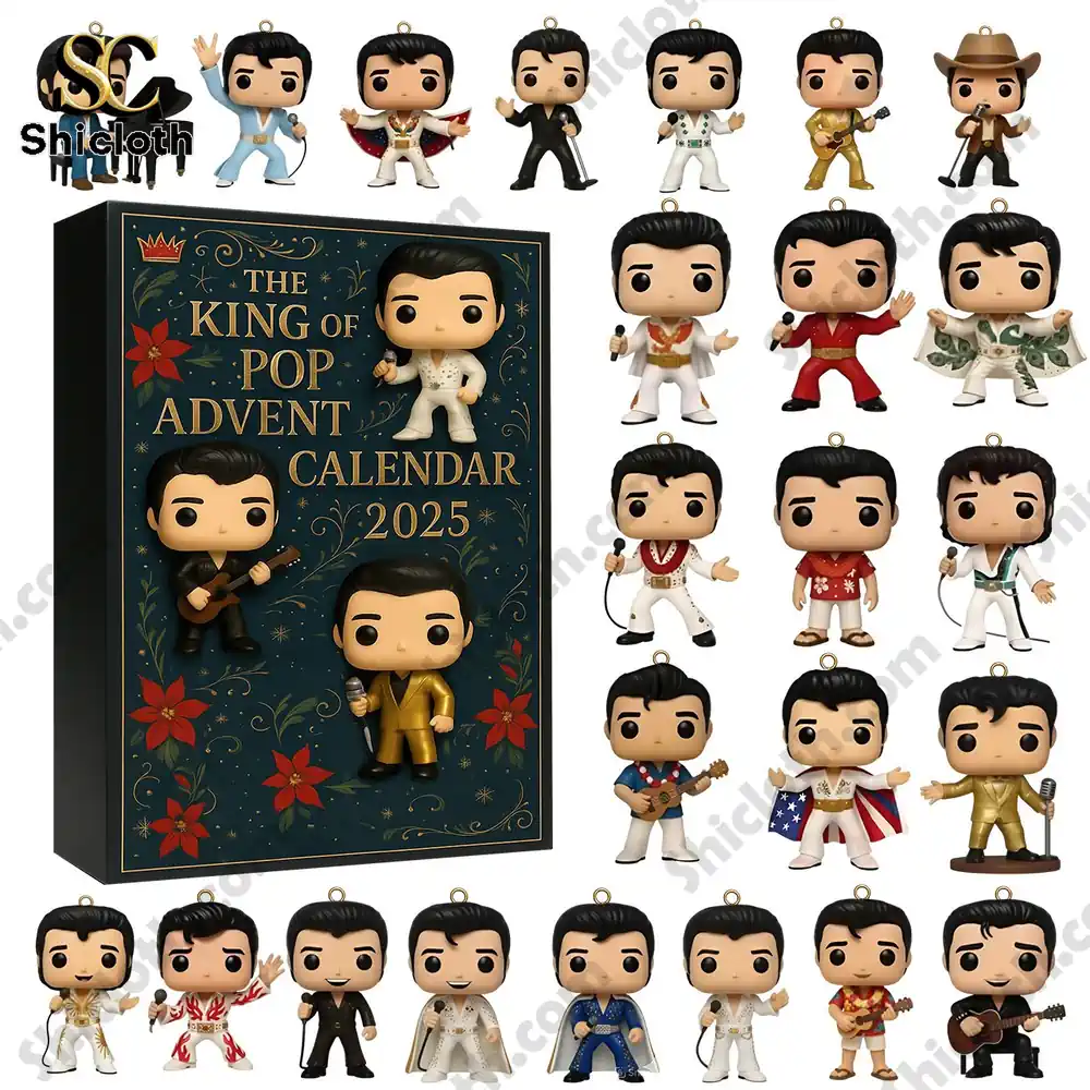 Close up of Shicloth Elvis 2025 Advent Calendar with collectible figures in different outfits.