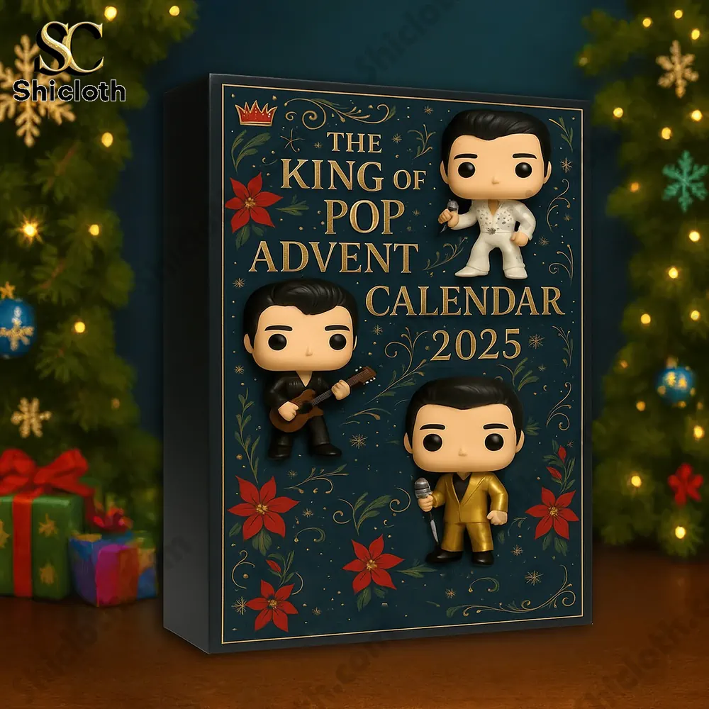 Shicloth Elvis 2025 Advent Calendar box displayed near decorated Christmas tree.