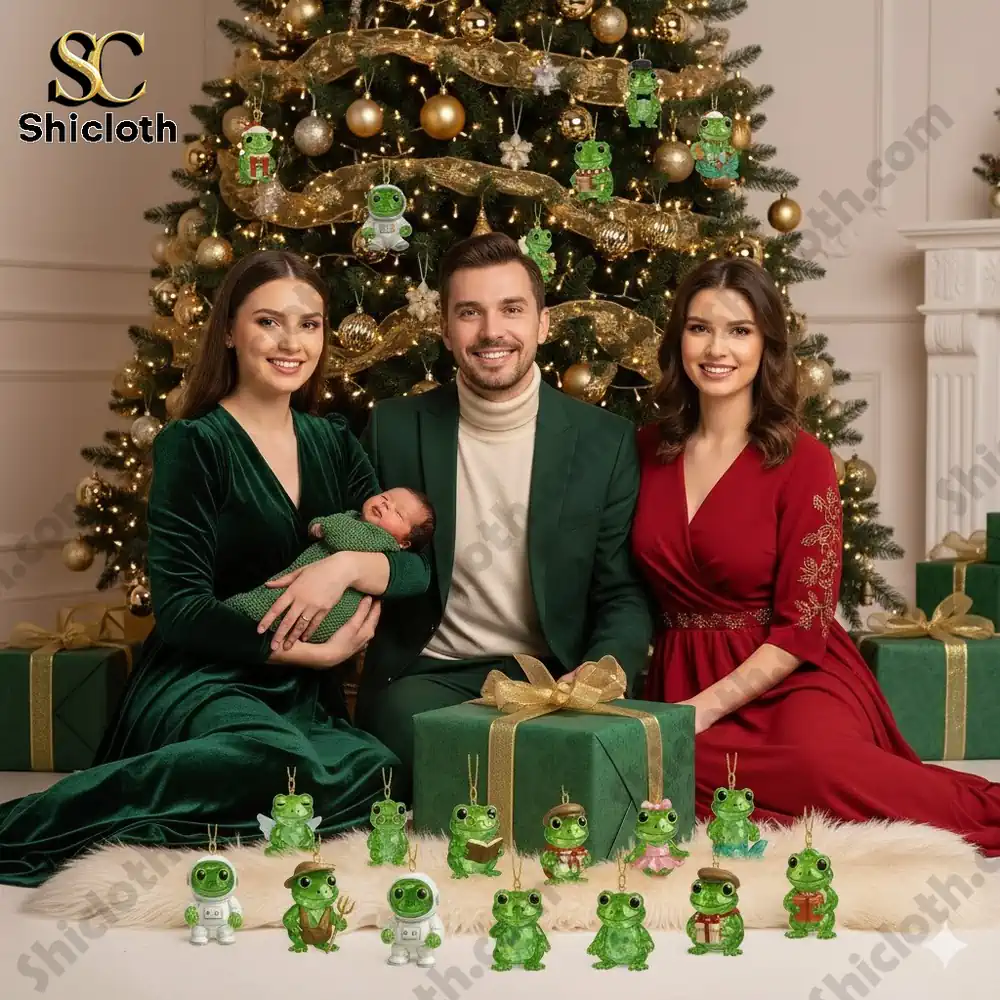 A smiling family poses in front of a Christmas tree decorated with crystal frog ornaments.