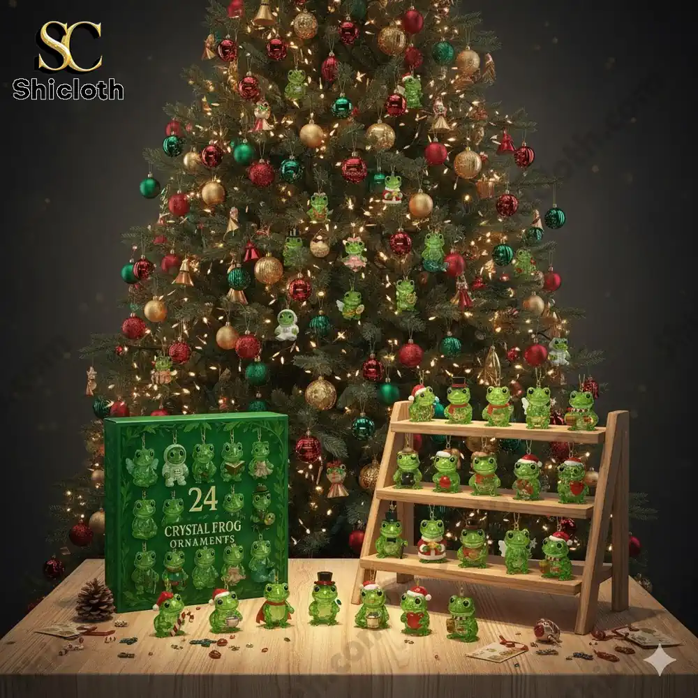 A Christmas tree adorned with crystal frog ornaments beside a display of 24 frog figurines and a green advent calendar box.