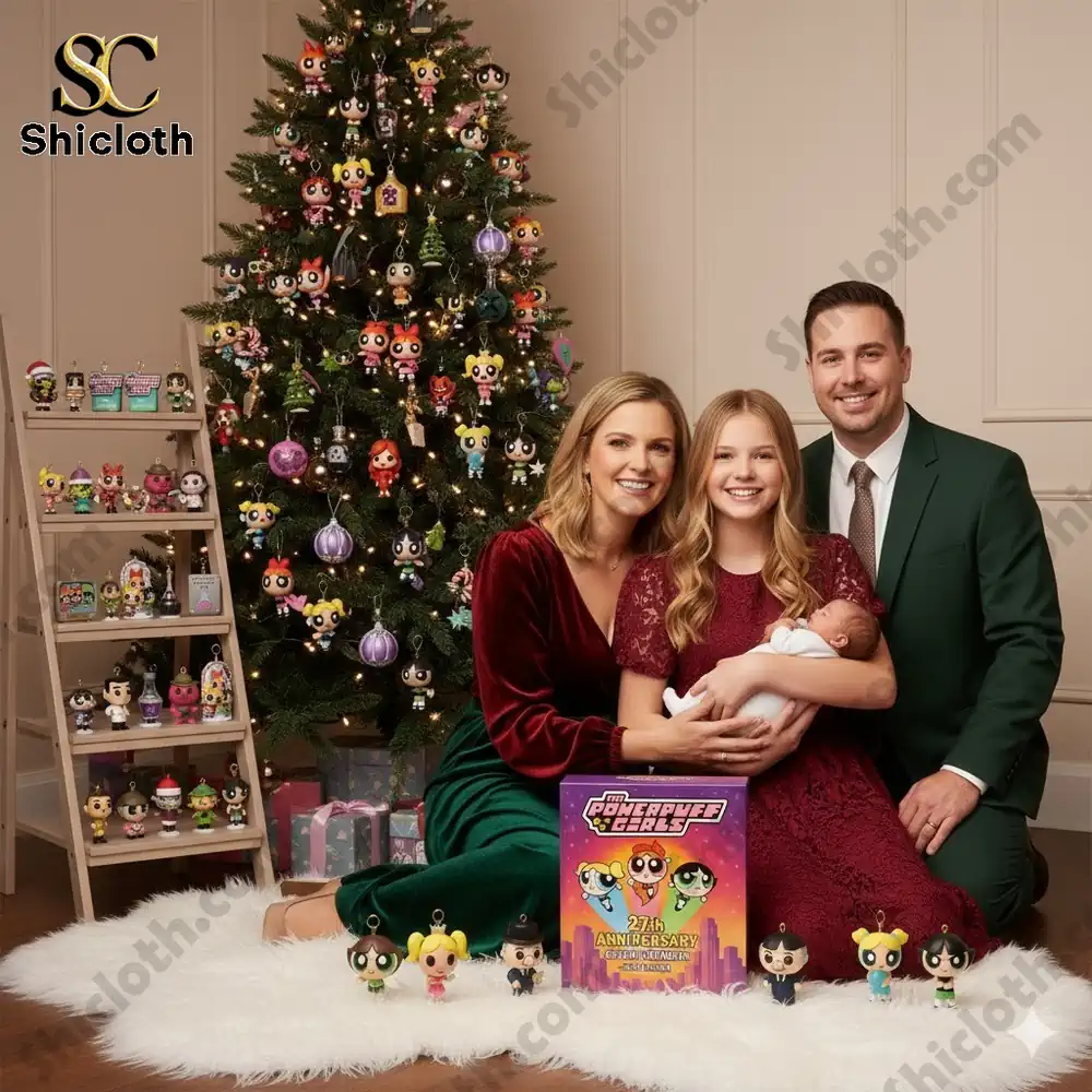 A family posing by a Christmas tree decorated with Powerpuff Girls figures beside The Powerpuff Girls 27th Anniversary Advent Calendar 2025 Edition box!