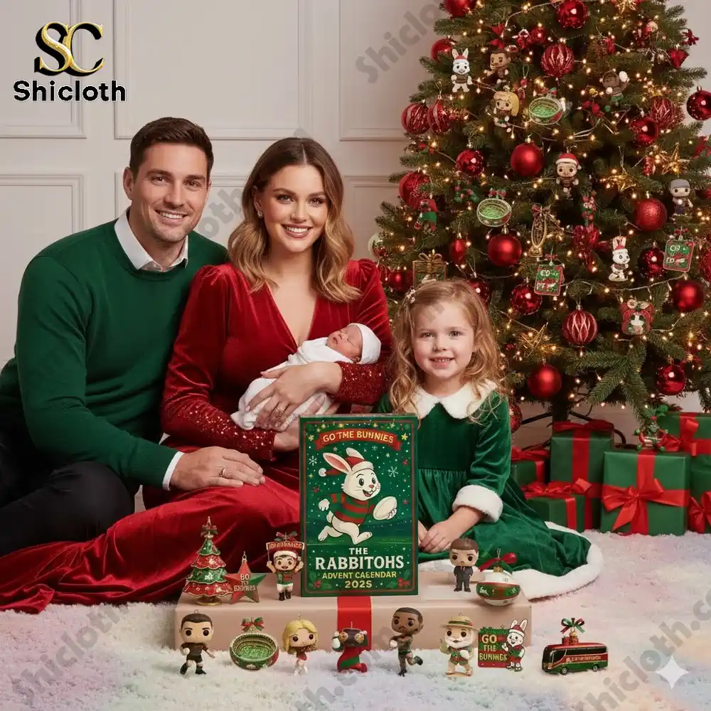 A family poses by a Christmas tree with the Rabbitohs Advent Calendar 2025 and themed mini figures on display.