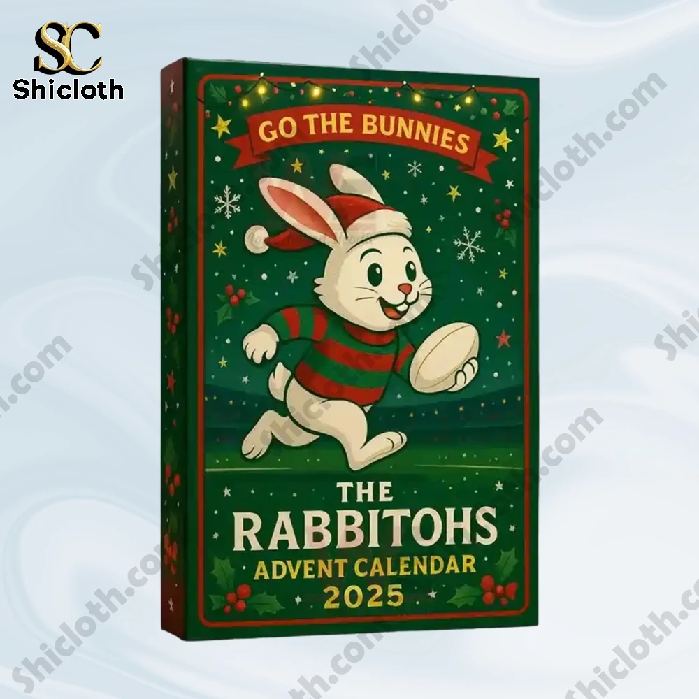 A green Rabbitohs Advent Calendar 2025 box featuring a cartoon bunny in red and green jersey holding a rugby ball.