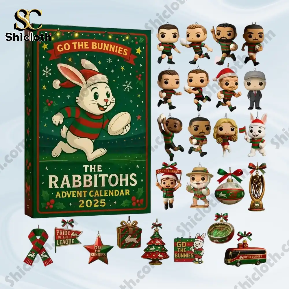 The Rabbitohs Advent Calendar 2025 3 The Rabbitohs Advent Calendar 2025 with miniature character figures and themed Christmas ornaments.