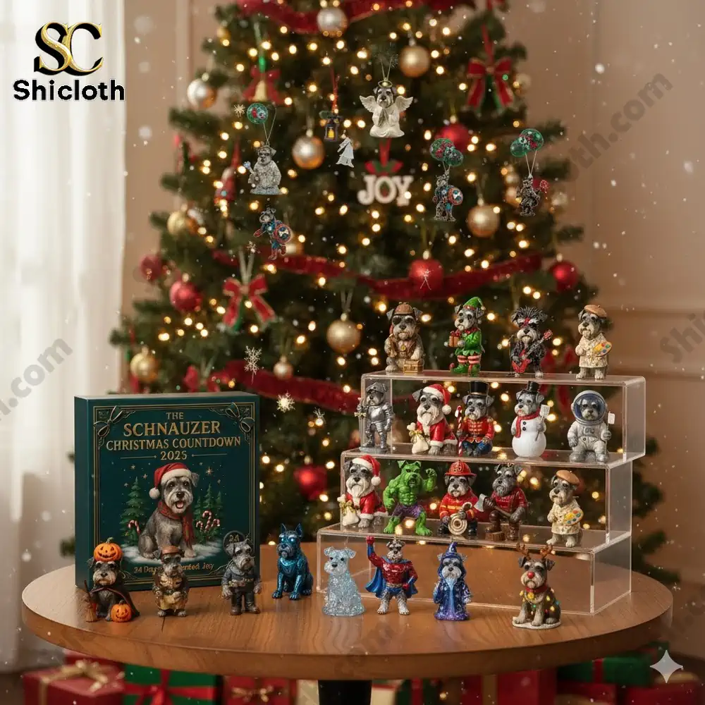 A display of Schnauzer figurines and the Schnauzer Christmas Countdown 2025 box in front of a decorated Christmas tree!