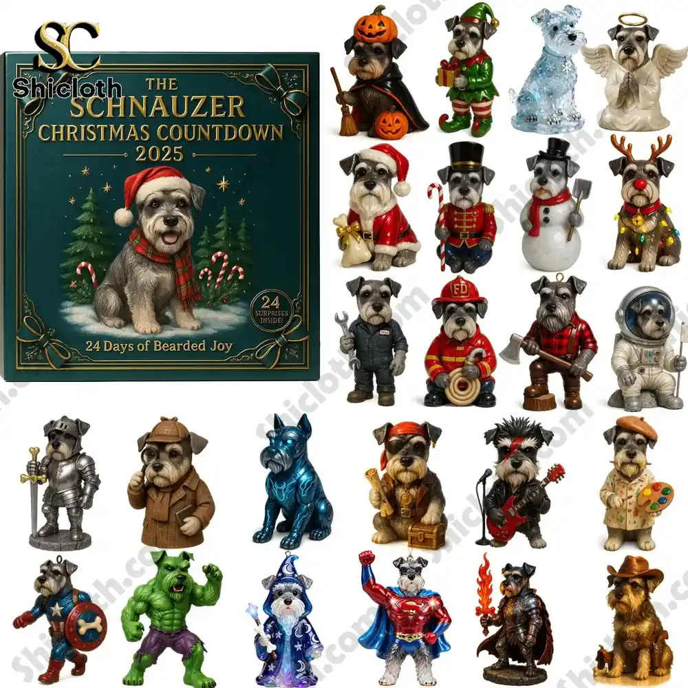 Close up of Schnauzer figurines and the Schnauzer Christmas Countdown 2025 box from Shicloth!