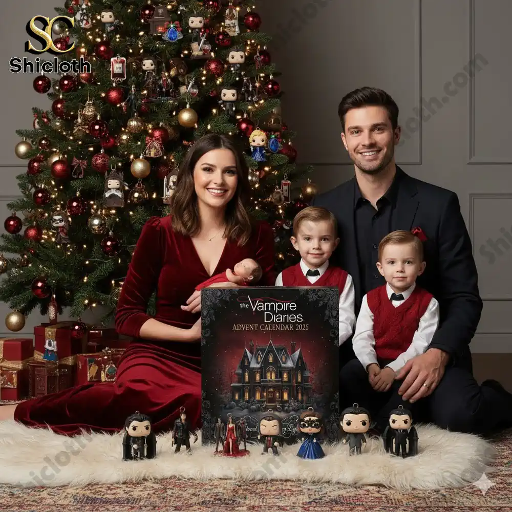 Family posing with The Vampire Diaries Advent Calendar 2025 in front of a decorated Christmas tree!