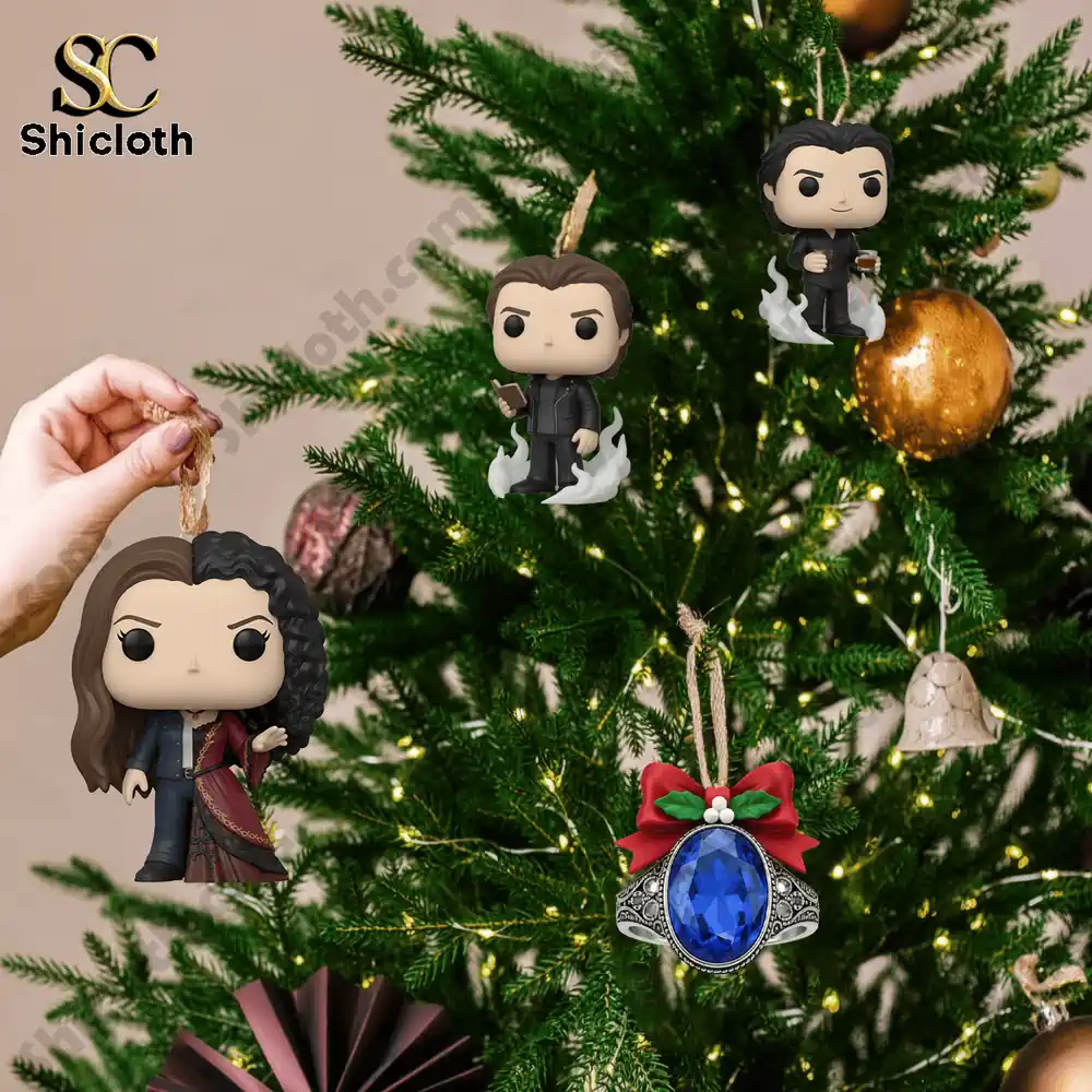 The Vampire Diaries Advent Calendar 2025 5 Mini figures and ornaments from The Vampire Diaries Advent Calendar 2025 hanging on a Christmas tree!