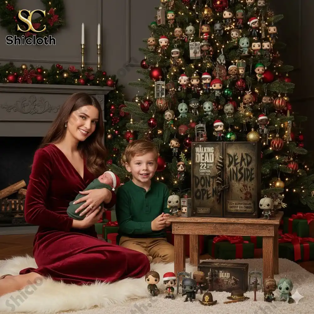 A mother and two children sit by a Christmas tree decorated with The Walking Dead themed advent calendar and figurines.