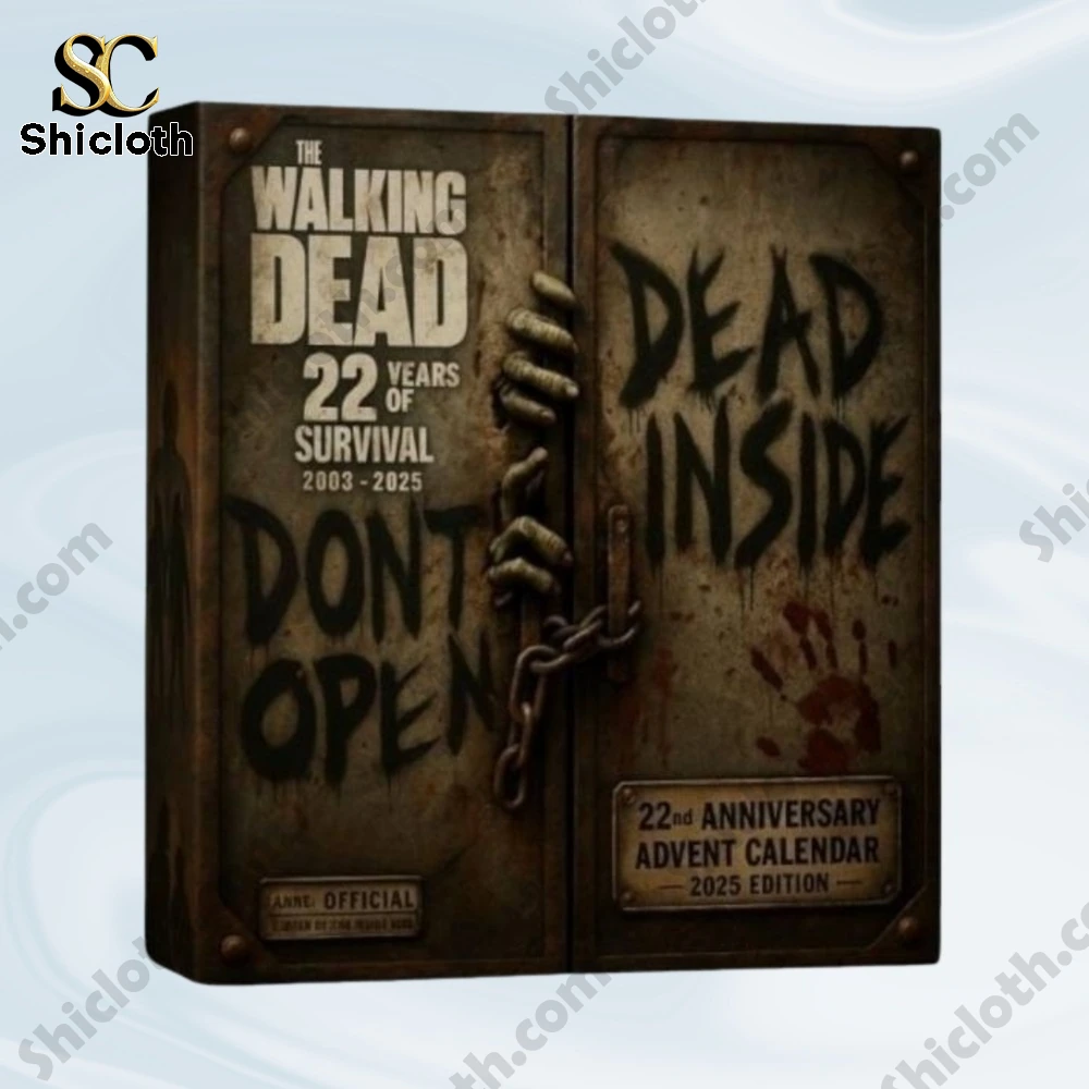 Close up of The Walking Dead 22 Years Of Survival advent calendar box with dark zombie themed design.