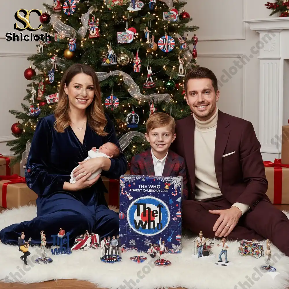 A family sitting by a Christmas tree with The Who Advent Calendar 2025 and miniature band figures.