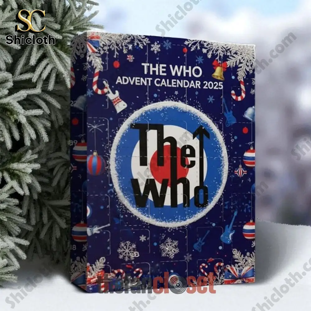 The Who Band Christmas Advent Calendar 2025 3 The Who Advent Calendar 2025 box placed beside snowy Christmas tree branches.