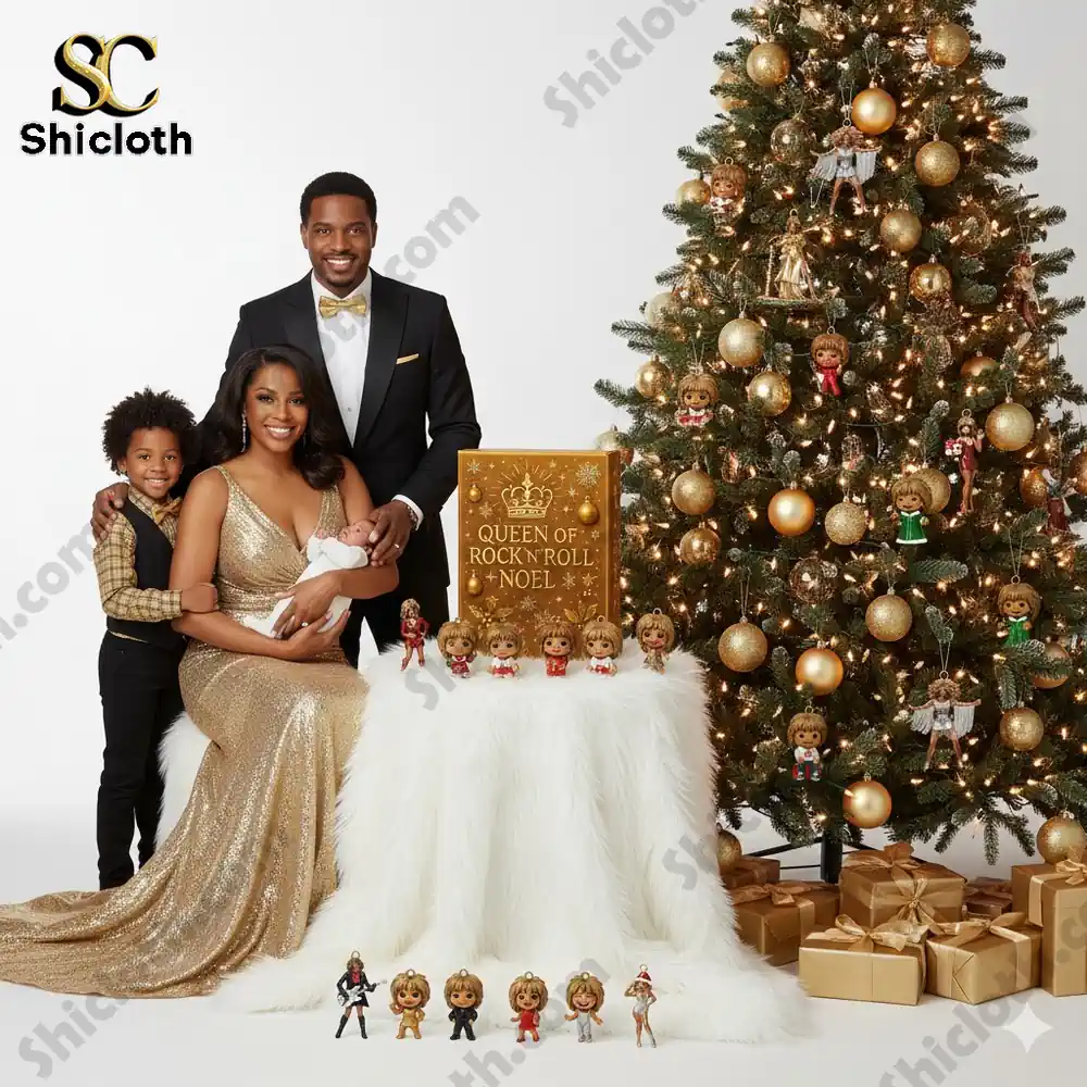 Family posing with Queen of Rock n Roll Noel Advent Calendar and decorated Christmas tree.
