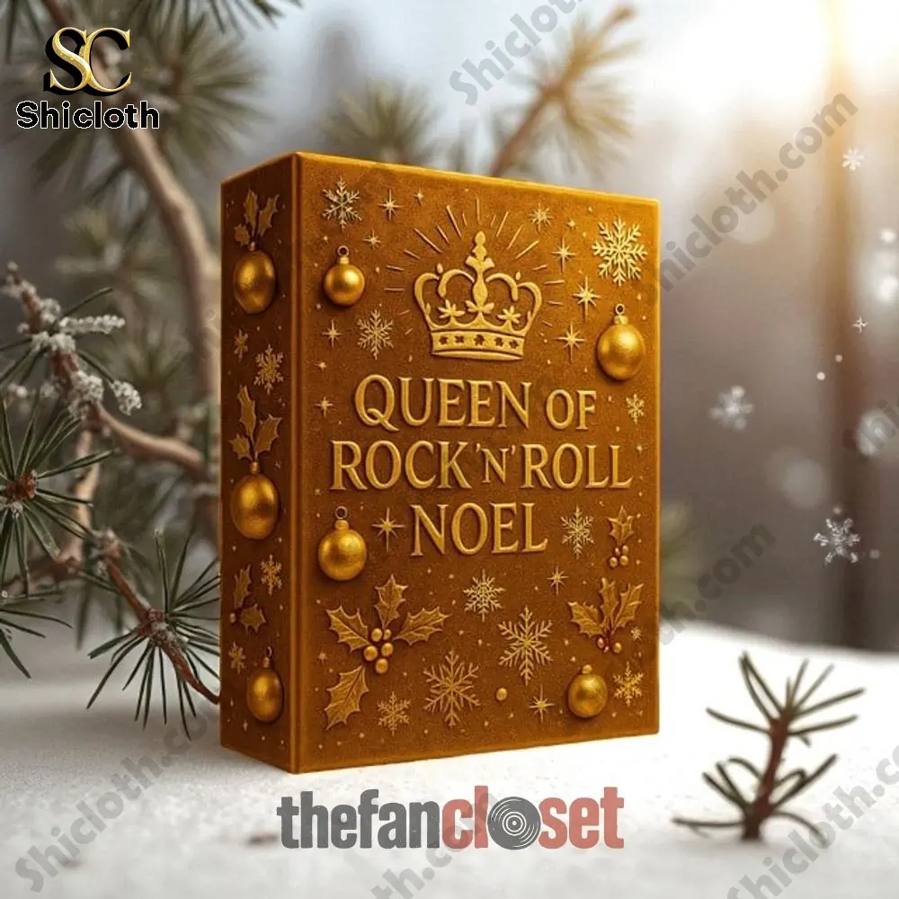 Tina Turner Queen Of Rock n Roll Noel Advent Calendar 2025 3 Golden Queen of Rock n Roll Noel Advent Calendar box in snowy outdoor setting.