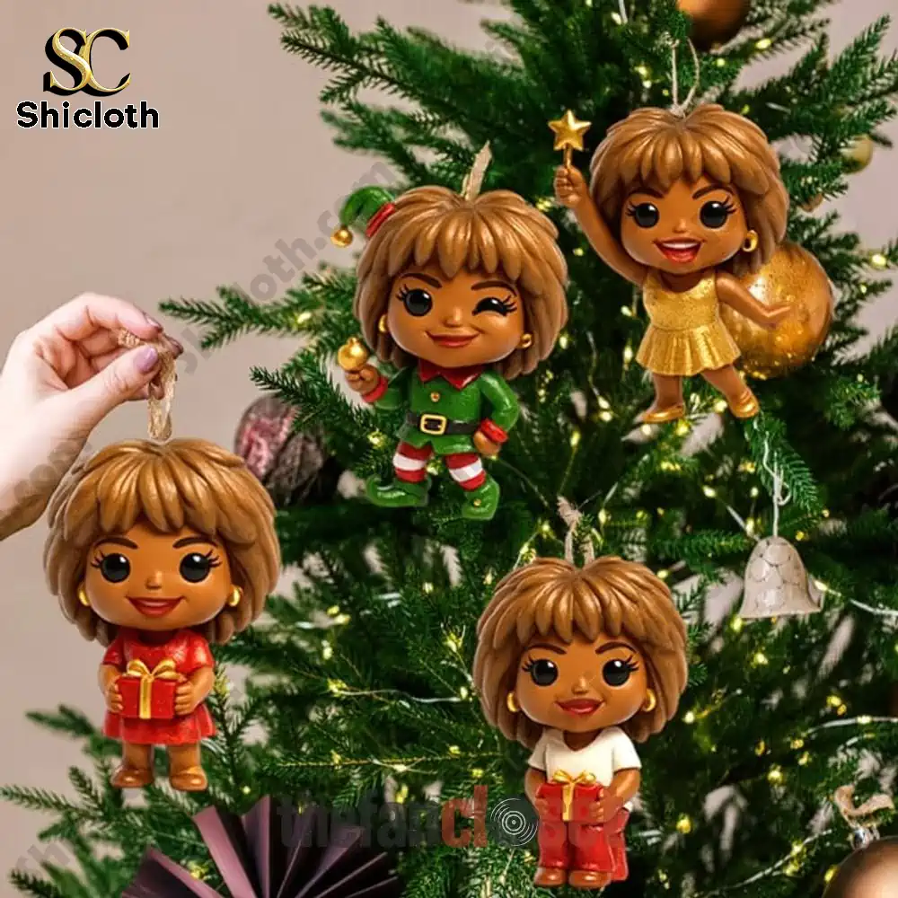 Tina Turner Queen Of Rock n Roll Noel Advent Calendar 2025 4 Ornament figurines from Queen of Rock n Roll Noel Advent Calendar hanging on Christmas tree.