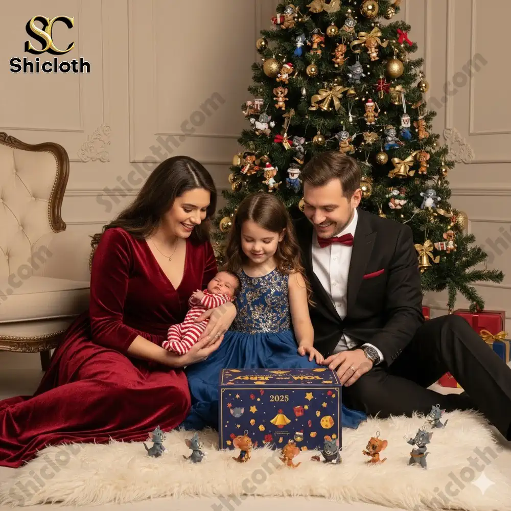 A family sits by a Christmas tree with a Tom and Jerry 2025 advent calendar and small character figures.