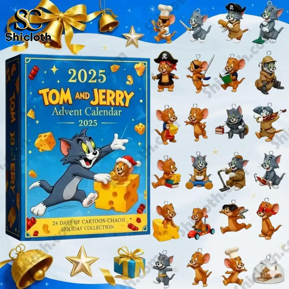Tom and Jerry 2025 advent calendar set with multiple character figurines in various poses and costumes.