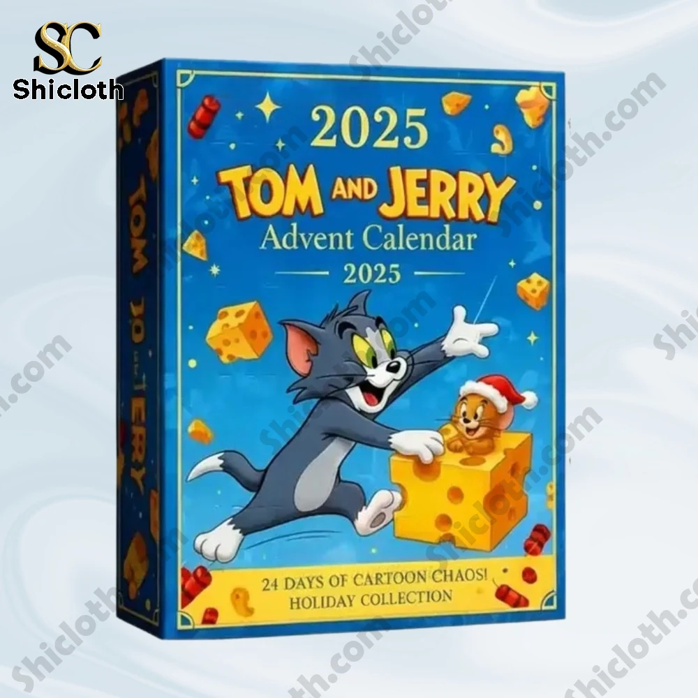 Tom And Jerry 2025 Advent Calendar 3 Close up of Tom and Jerry 2025 advent calendar box with colorful cartoon design and cheese theme.