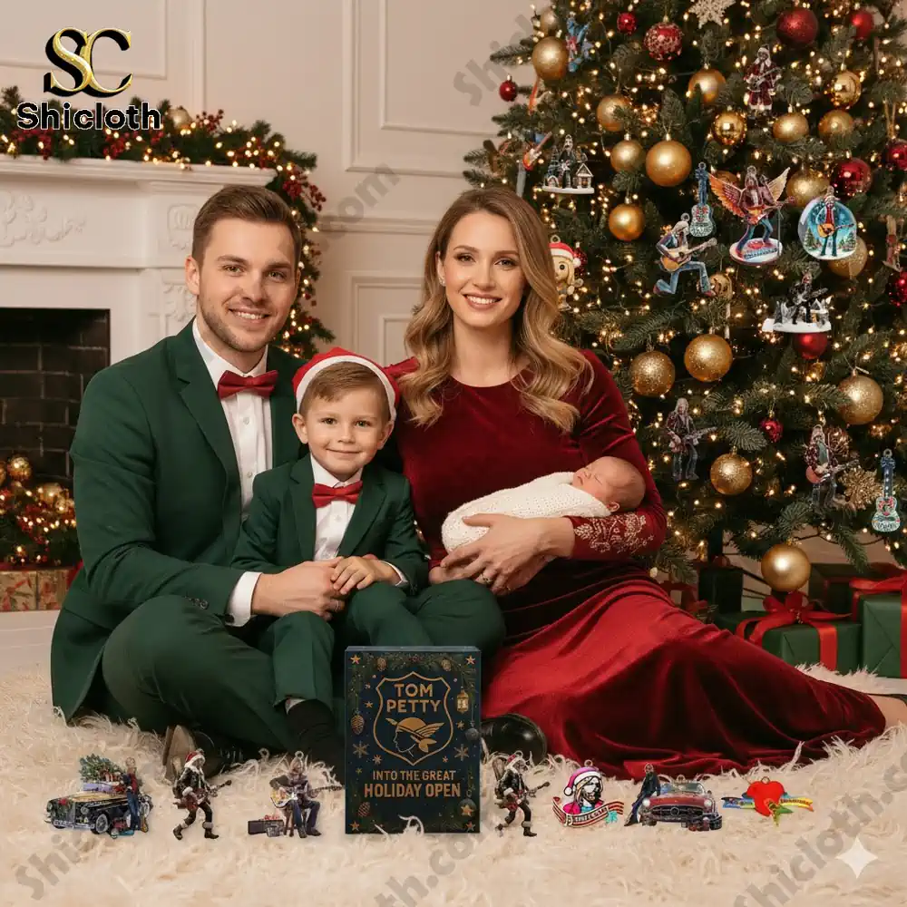 Family posing with Tom Petty Into the Great Holiday Open Advent Calendar and Christmas tree.