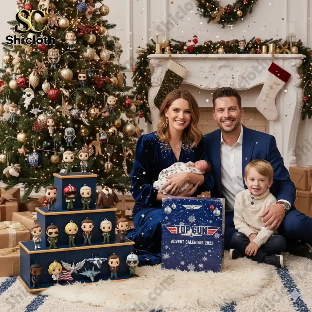 A smiling family poses by a Christmas tree decorated with Top Gun themed ornaments and a Top Gun Advent Calendar 2025 box.