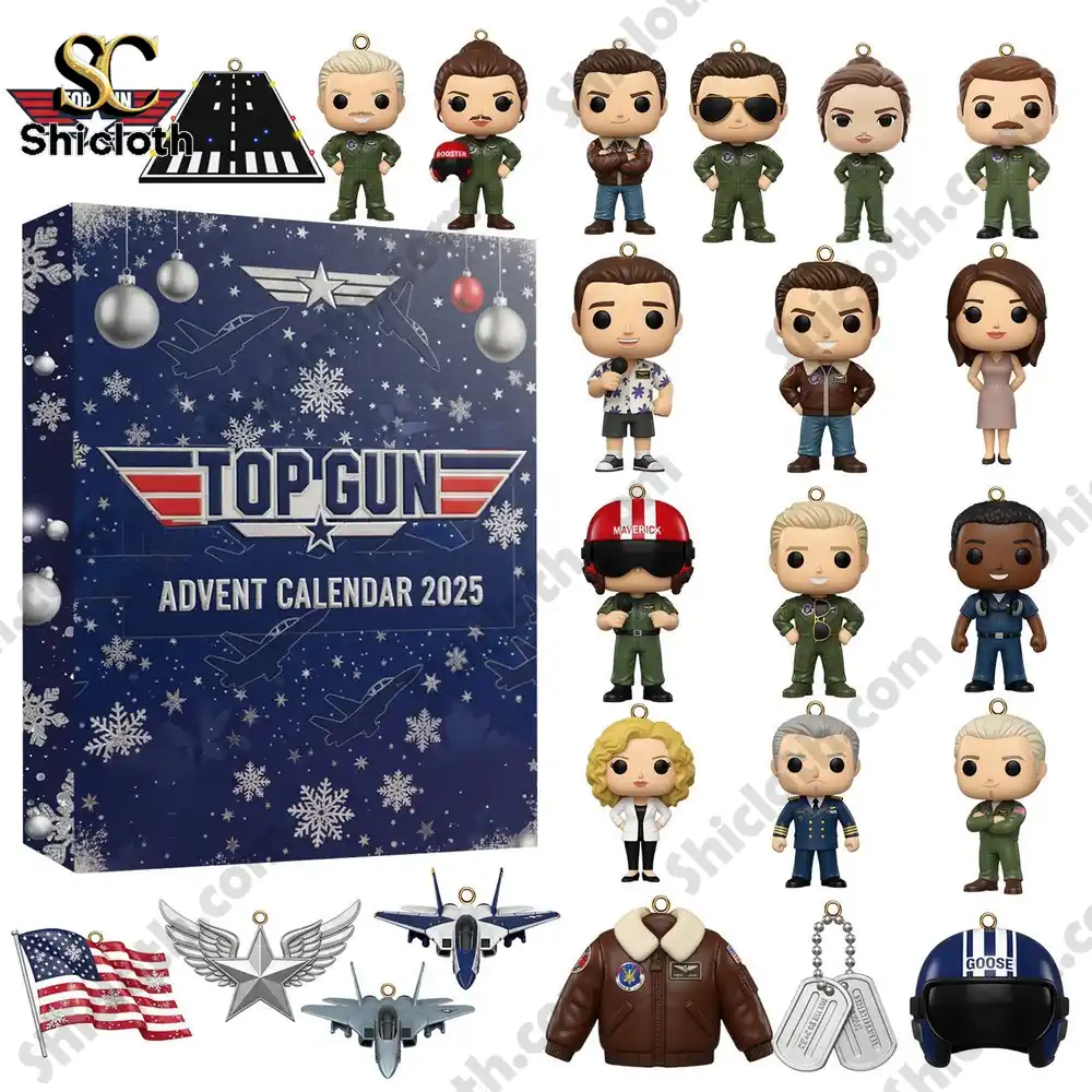 Top Gun Advent Calendar 2025 showing collectible mini figures and ornaments displayed beside the calendar box.