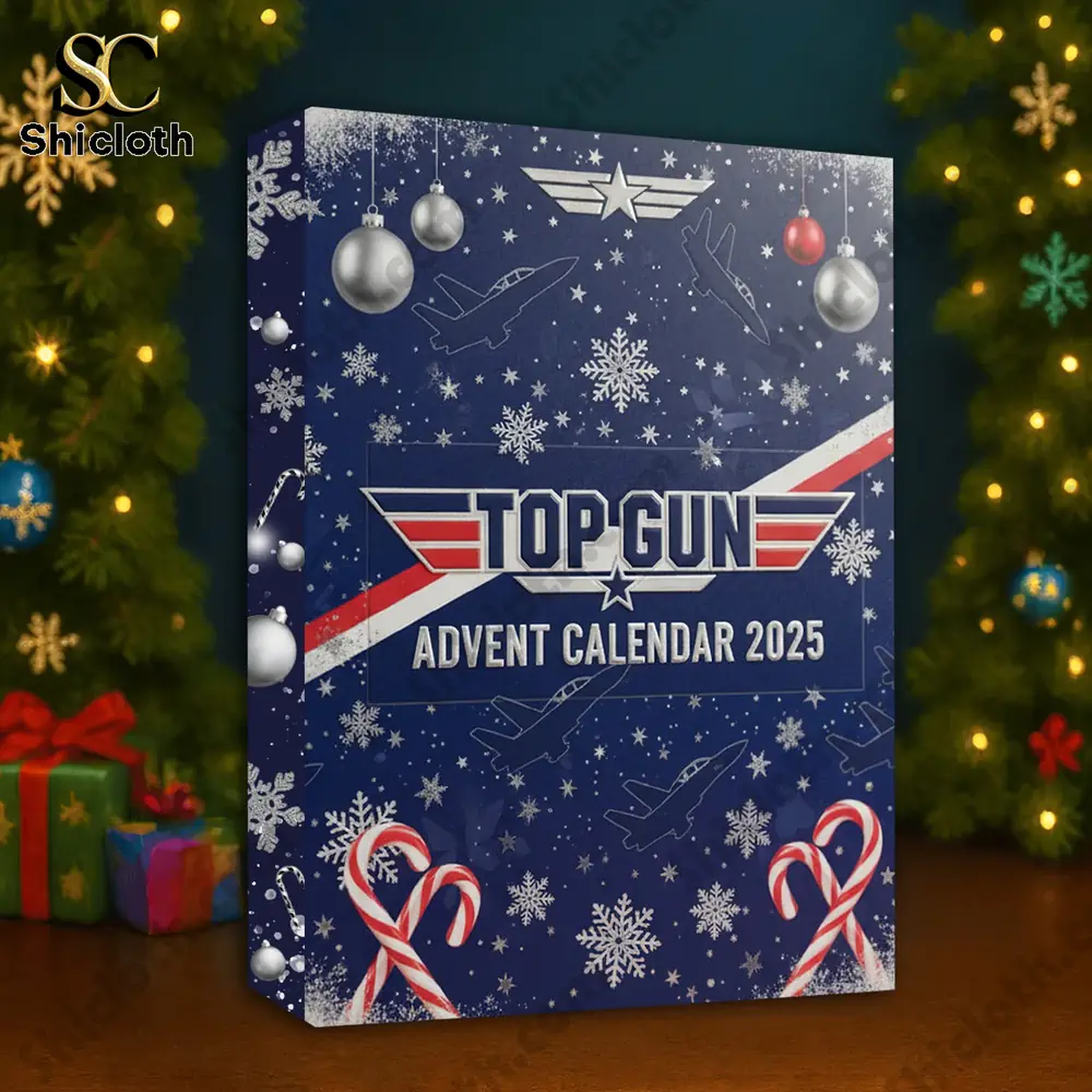 Top Gun Premium Advent Calendar 2025 6 Top Gun Advent Calendar 2025 box displayed on a table with Christmas decorations and lights.