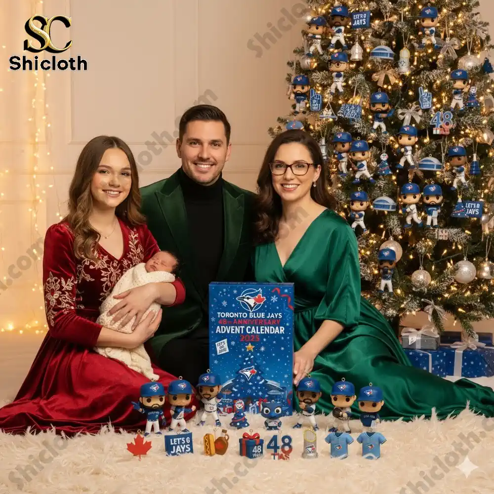 A family sits by a Christmas tree decorated with Toronto Blue Jays themed ornaments and the 48th Anniversary Advent Calendar 2025.
