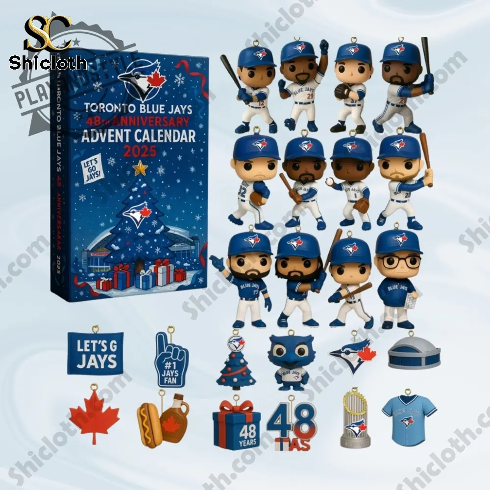 Toronto Blue Jays 48th Anniversary 2025 advent calendar set with collectible baseball player figurines and themed ornaments.