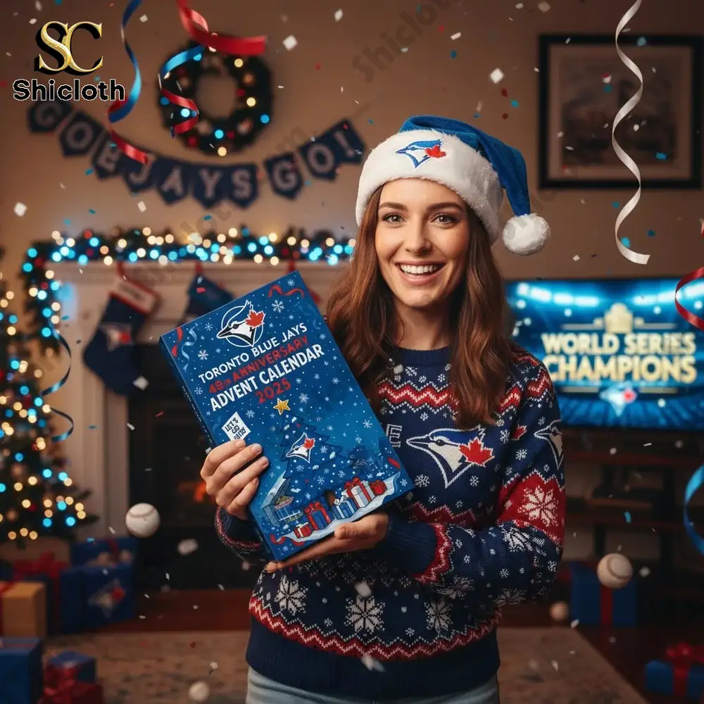 A smiling woman in a Toronto Blue Jays sweater holds the 2025 Advent calendar in a festive Christmas room.