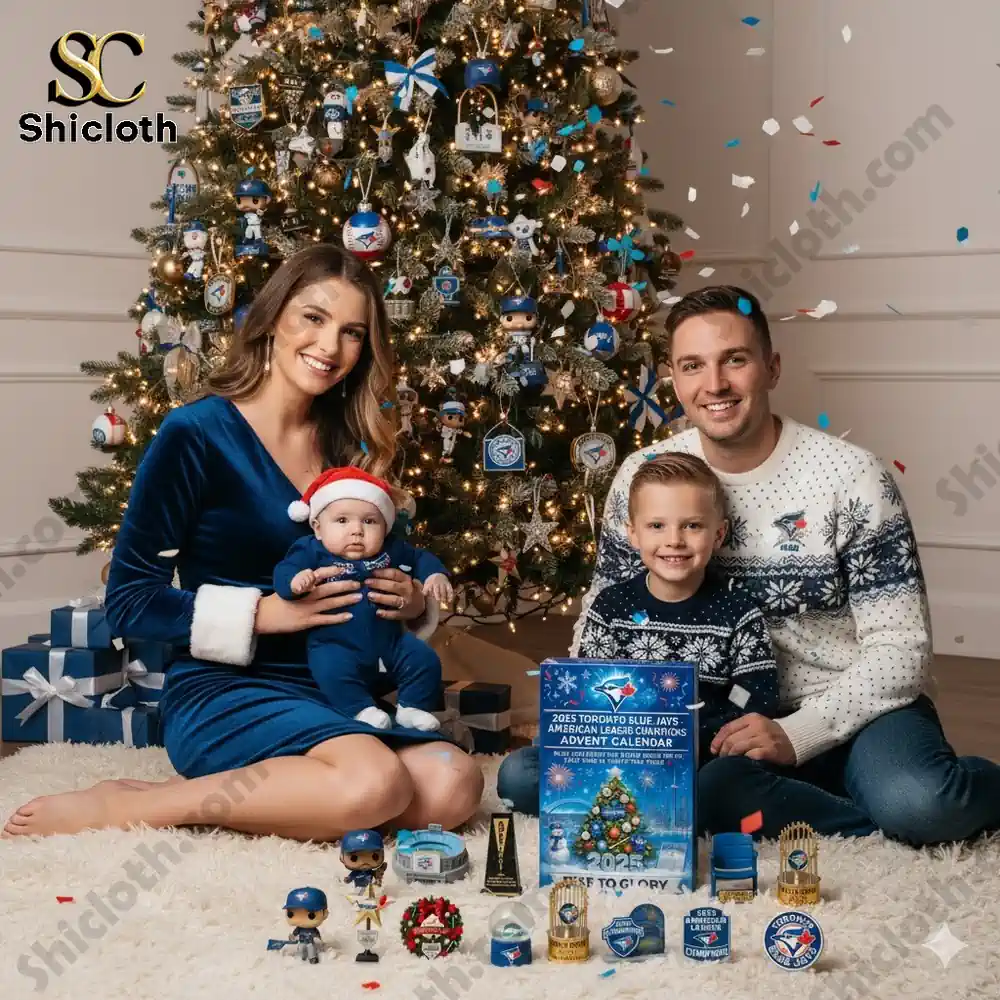 Toronto Blue Jays Mini Hoodie Gear Shift Cover 5 A family poses in front of a Christmas tree decorated with Toronto Blue Jays ornaments and collectible figures featuring the Blue Jays Advent Calendar box.