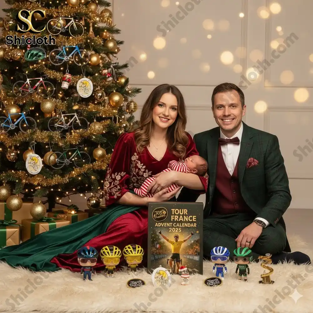 A family sits beside a decorated Christmas tree holding a baby and smiling next to the Tour de France 2025 Advent Calendar box.