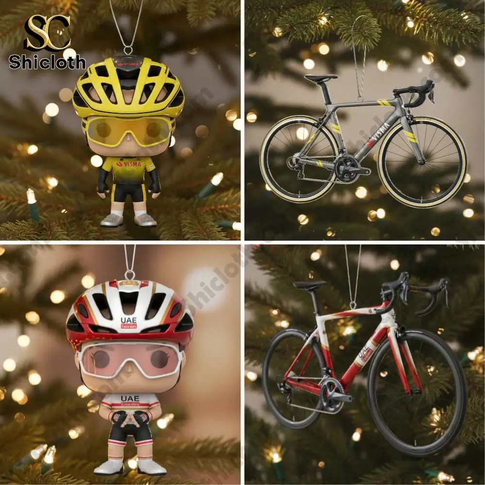 Close-up of Tour de France themed ornaments including miniature cyclists and race bikes hanging on a Christmas tree.