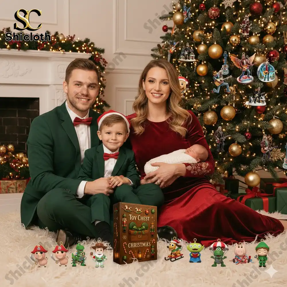 Family sitting by Christmas tree with Toy Story Toy Chest Advent Calendar and figurines.
